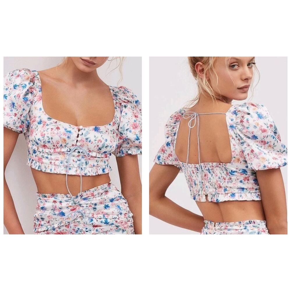 For Love & Lemons Juliet Floral Puff Sleeve Satin Crop Top Medium Coquette